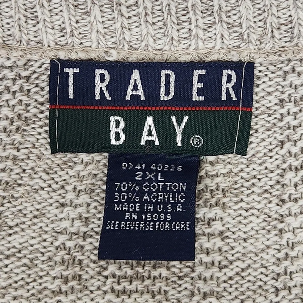 Trader Bay Mens 2XL V-Neck Golf Sweater Oatmeal Tan Knit Embroidered Made in USA